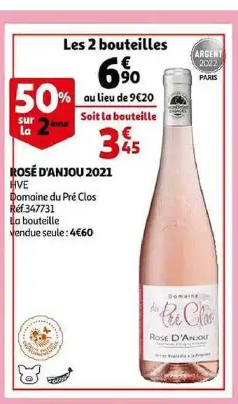 Auchan Rosé d'anjou 2021 hve domaine du pré clos offre