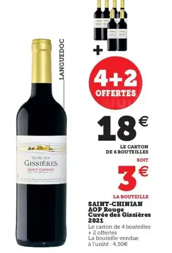 Super U Saint-Chinian Aop Rouge Cuvée Des Gissiéres 2021 offre
