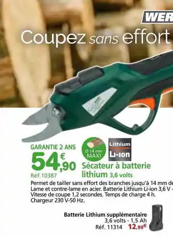 Sécateur à batterie lithium 3,6 volts