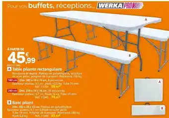 Provence Outillage Table pliante rectangulaire werka pro, banc pliant werka pro offre