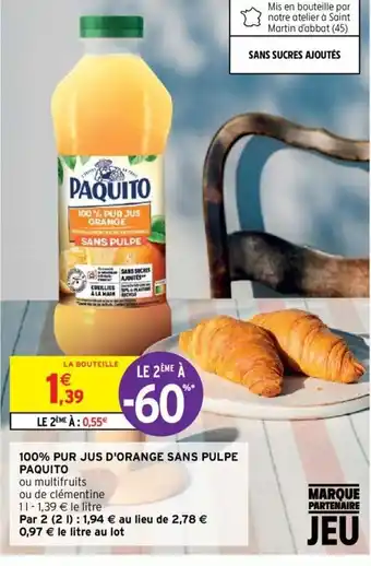 Intermarché 100% Pur Jus d'Orange Sans Pulpe Paquito offre