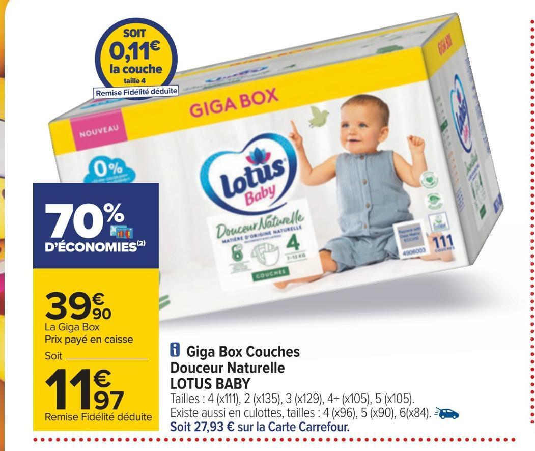 Promo Lotus baby giga box couches douceur naturelle chez Carrefour