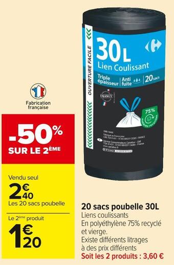 Carrefour Market 20 sacs poubelle 30l offre