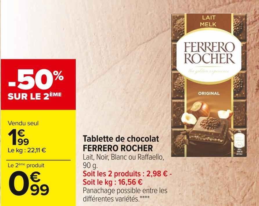 Promo Ferrero rocher tablette de chocolat chez Carrefour Market