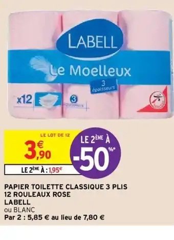 Intermarché Papier Toilette Classique 3 Plis 12 Rouleaux Rose Labell offre