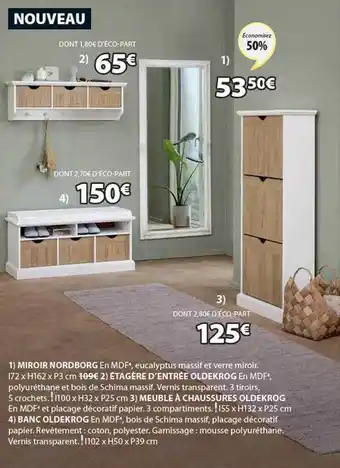 JYSK Miroir nordborg, étagère d'entrée oldekrog, meuble à chaussures oldekrog, banc oldekrog offre