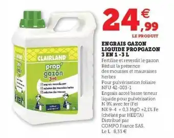 Hyper U Engrais gazon liquide propgazon 3 en 1 - 3l clairland offre