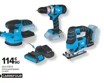 Carrefour pack de 3 outils perceuse, ponceuse, scie sauteuse 20v + batterie et chargeur