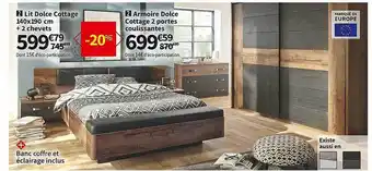 Conforama Lit dolce cottage + 2 chevets, armoire dolce cottage 2 portes coulissantes offre