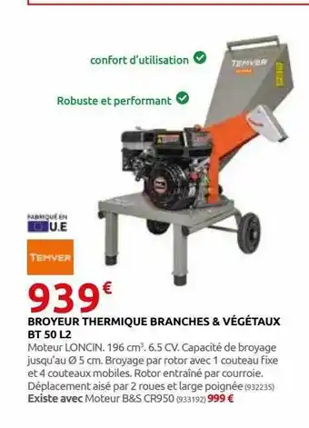 Rural Master Broyeur thermique branches & végétaux bt 50 l2 temver offre