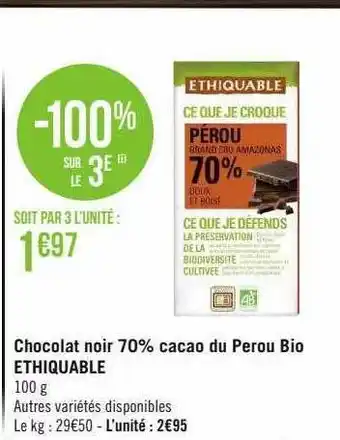 Casino Supermarchés Chocolat noir 70% cacao du pérou bio éthiquable offre