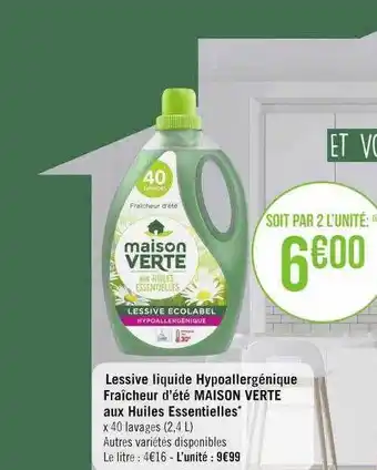 Casino Supermarchés Lessive liquide hypoallergénique fraîcheur d'été maison verte aux huiles essentielles offre