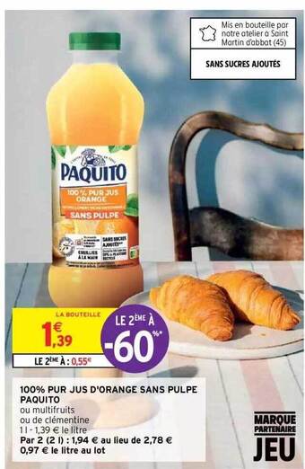 Intermarché Hyper 100% pur jus d'orange sans pulpe paquito offre