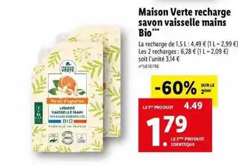 Lidl Maison verte recharge savon vaisselle mains bio offre