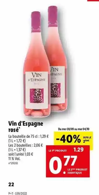 Lidl Vin d'espagne rosé offre