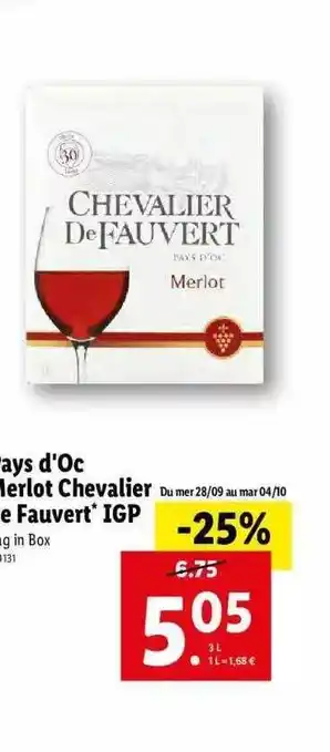 Lidl Pays d'oc merlot chevalier de fauvert igp offre