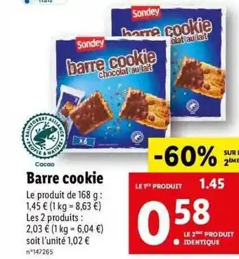 Lidl Barre cookie sondey offre