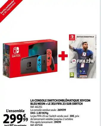 Auchan La console switch emblématique joycon bleu neon + le jeu fifa 23 sur switch offre