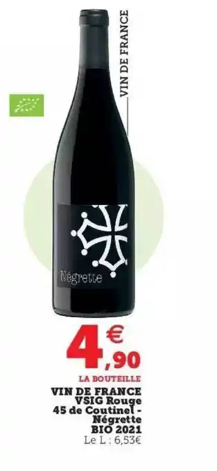 Hyper U Vin de france vsig rouge 45 de coutinel - négrette bio 2021 offre