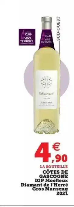 Hyper U Côtes de gascogne igp moelleux diamant de l'herré gros manseng 2021 offre