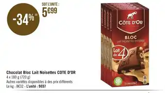 Géant Casino Chocolat Bloc Lait Noisettes Cote d'Or offre
