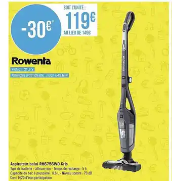 Géant Casino Aspirateur balai rh6756w0 gris rowenta offre