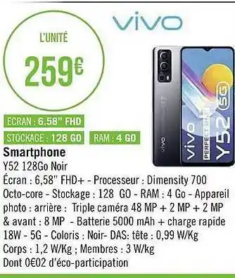 Géant Casino Smartphone vivo y52 128go noir offre