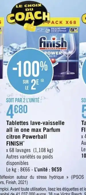 Géant Casino Tablettes Lave-Vaisselle All in One Max Parfum Citron Powerball Finish offre