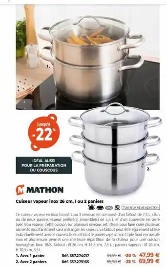 Mathon cuiseur vapeur inox 26 cm, 1 ou 2 paniers