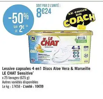 Casino Supermarchés Lessive capsules 4en1 discs aloe vera & marseille le chat sensitive offre