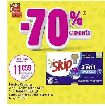 Casino Supermarchés Lessive capsules 3en1 active clean skip x 38 lavages offre