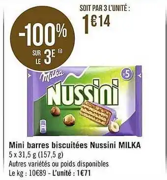 Géant Casino Mini barres biscuitées nussini milka offre