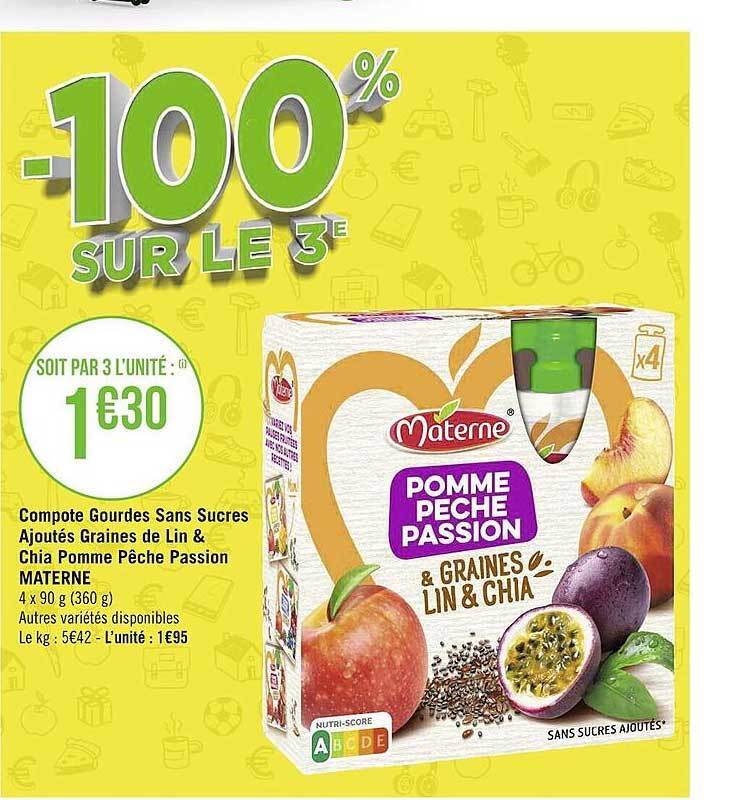 Promo Compote gourdes sans sucres ajoutés graines de lin & chia pomme pêche passion materne chez