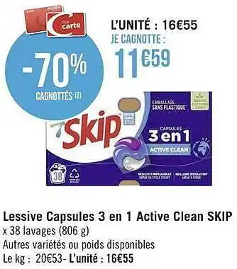 Géant Casino Lessive capsules 3en1 active clean skip offre