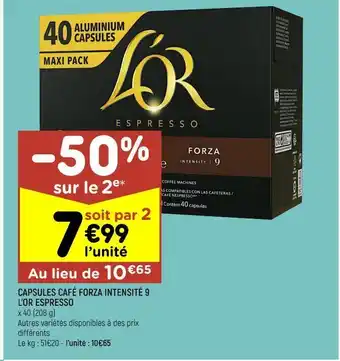 Leader Price Capsules café forza intensité 9 l'or espresso offre