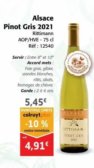Colruyt Alsace pinot 2021 offre