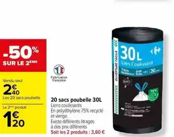 Carrefour Market 20 sacs poubelle 30l offre