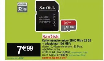 Carte mémoire micro sdhc ultra 32 gb + adaptateur 120 mb-s sandisk