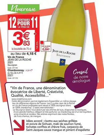 Promocash Vin de france jean de la roche 2021, chardonnay offre