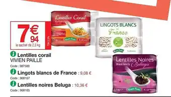 Promocash Lentilles corail vivien paille, lingots blancs de france, lentilles noires beluga offre