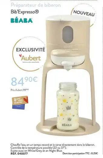 Aubert Préparateur de biberon bib'expresso béaba offre