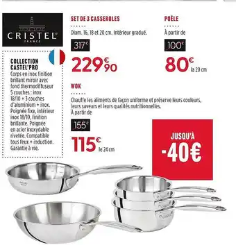 Culinarion Set de 3 casseroles cristel france, poêle cristel france offre