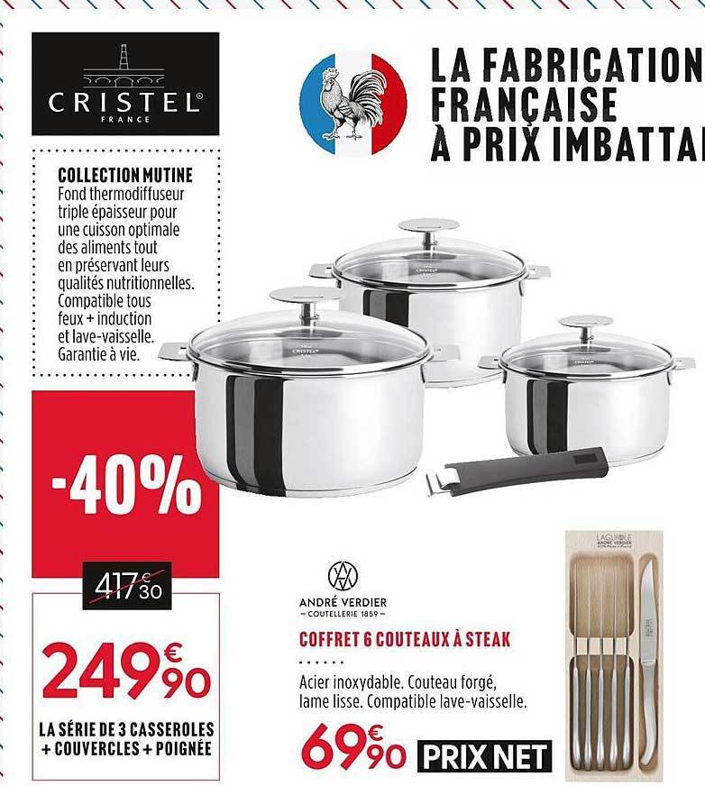 Promo Coffret 6 couteaux à steak andré verdier, série de 3 casseroles