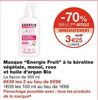 Monoprix Energie fruit masque à la kératine végétale, monoï, rose et huile d’argan bio offre
