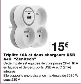 Monoprix Zenitech triplite 16a et deux chargeurs usb a+c offre