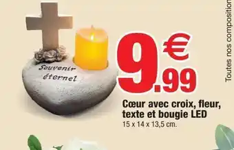 Bazarland Coeur avec croix, fleur, texte et bougie led offre