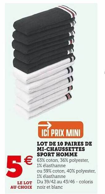 Super U Lot de 10 paires de mi-chaussettes sport homme offre