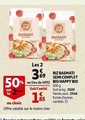 Auchan Riz basmati semi complet bio happy bio offre