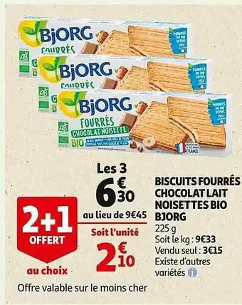 Auchan Biscuits fourrées chocolat lait noisettes bio bjorg offre
