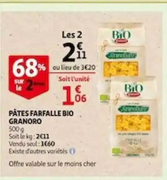 Auchan Pâtes farfalle bio granoro offre